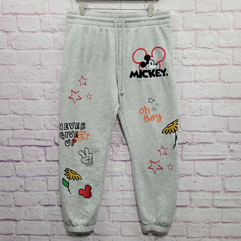 Disney Mickey Mouse Embroidered Doodles Joggers Sweatpants Womens XL‎ Gray Cozy